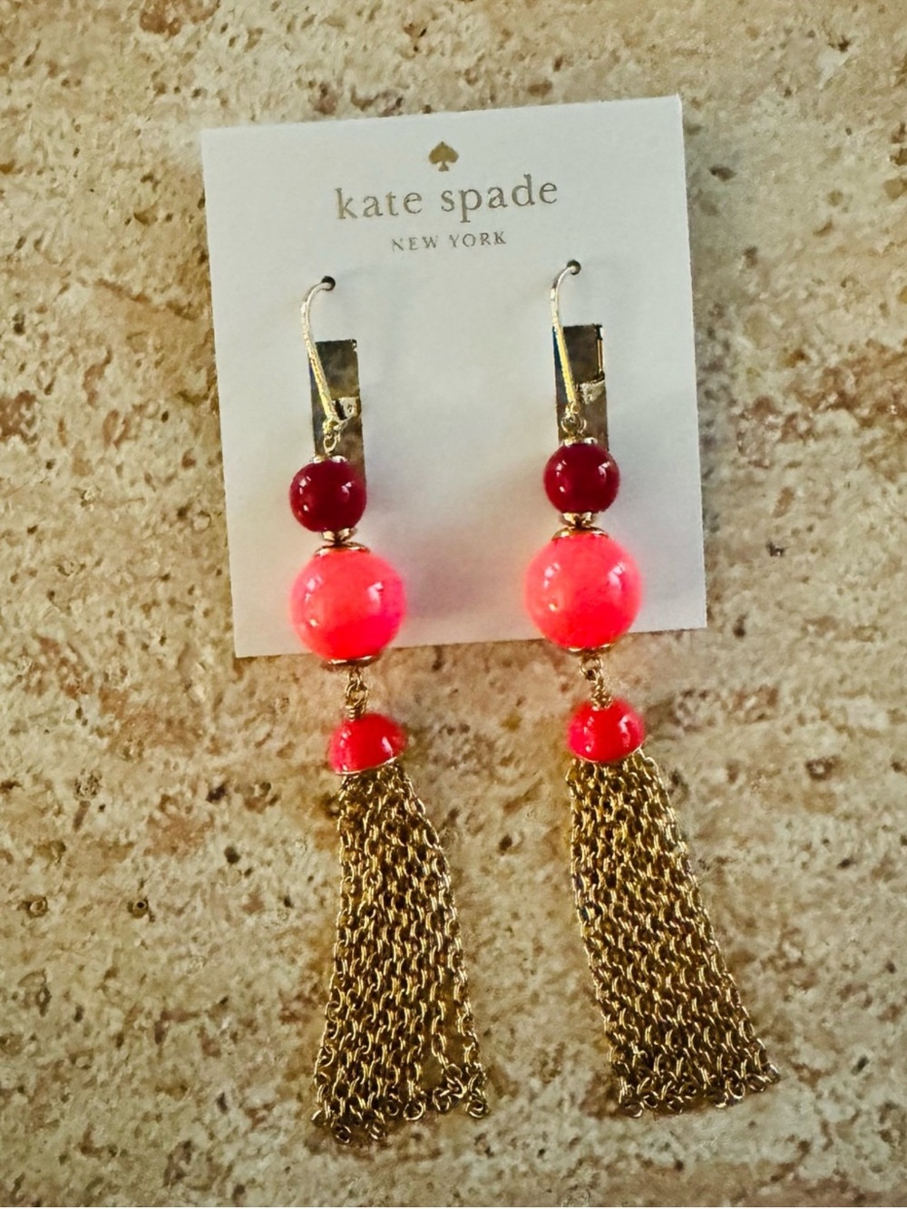 Kate Spade NIP Gold-tone Tassel Earrings with Red and Pink Beads